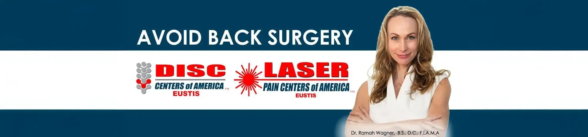 A banner of Dr. Ramah Wagner with the Disc Centers and Laser Centers of America logos